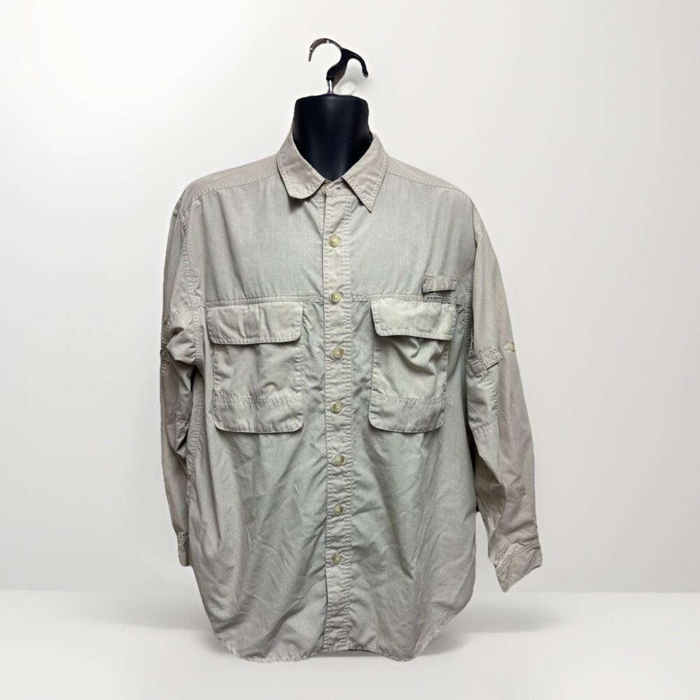 ExOfficio Fishing Shirt Mens Medium Beige Long Sleeve Vented Outdoor Hiking Trav